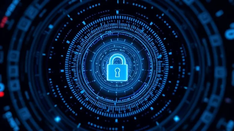Photorealistic image illustrating layers of digital security, with data represented by glowing blue bits flowing through concentric rings of firewalls, encryption symbols, and biometric scanners, creating a sense of impenetrable defense, cinematic lighting, sharp focus on the central data flow, 8K hyper-detailed, professional photography, shot on a high-end DSLR.