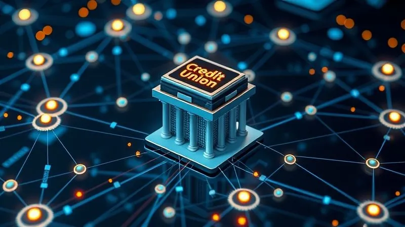 Photorealistic image of a complex digital web of interconnected systems and data points, with a central credit union building at its core, surrounded by smaller, glowing nodes representing third-party vendors and regulatory bodies, all intertwined and requiring careful oversight, cinematic lighting, sharp focus on the connections, 8K hyper-detailed, professional photography, shot on a high-end DSLR.