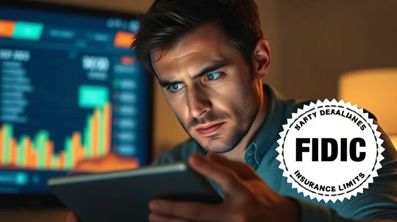 photorealistic, professional photography, 8K, cinematic lighting, sharp focus, depth of field, shot on a high-end DSLR, a worried individual looking at a large digital balance on a tablet, with a small, partially obscured FDIC logo in the background, conveying concern over exceeding insurance limits. Emotionally resonant: anxiety over financial exposure.