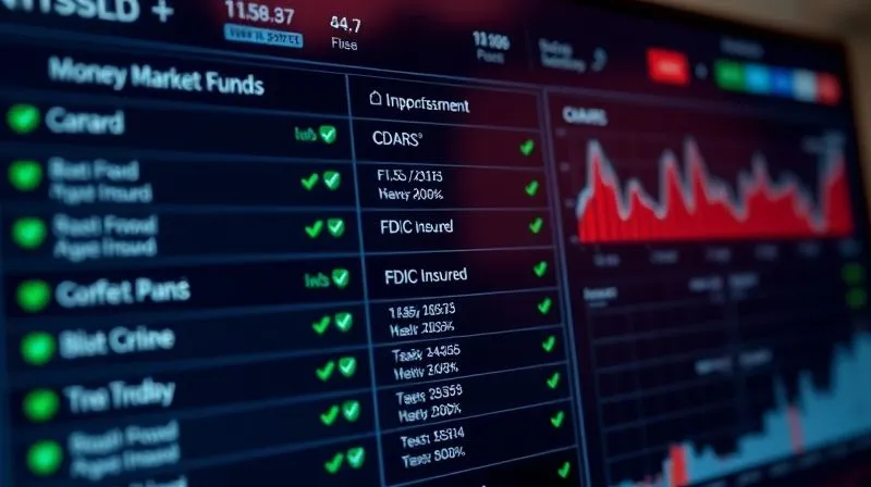 photorealistic, professional photography, 8K, cinematic lighting, sharp focus, depth of field, shot on a high-end DSLR, a sophisticated financial dashboard displaying various investment options like 'Money Market Funds', 'CDARS', and 'ICS', with small, green checkmarks next to 'FDIC Insured' where applicable, conveying informed financial choices. Emotionally resonant: clarity and control in financial management.