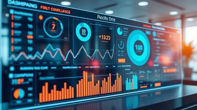 A photorealistic, professional photography image of a sleek, holographic dashboard displaying real-time financial compliance metrics, with glowing data points and risk indicators. The dashboard is integrated into a modern financial office environment. 8K, cinematic lighting, sharp focus, depth of field, shot on a high-end DSLR.