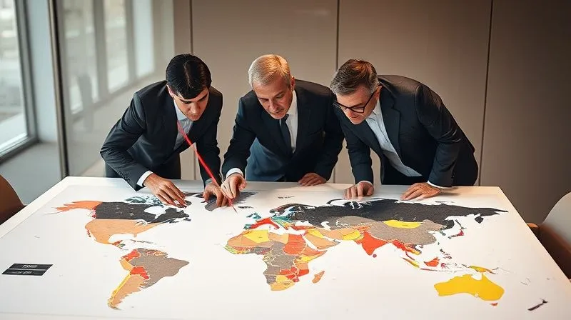 A photorealistic, professional photography image of a business team in a modern, minimalist boardroom, meticulously analyzing a digital map of the world with various colored overlays indicating market entry strategies and potential exit points. One executive points to a specific region with a laser pointer, while others lean in intently. 8K, cinematic lighting, sharp focus on the map and team, depth of field blurring the background, shot on a high-end DSLR.