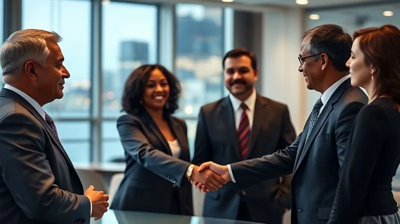 A photorealistic, professional photography image of diverse business leaders from different cultural backgrounds engaged in a formal, respectful dialogue with a government official in a modern, well-lit conference room. Handshakes are exchanged, and a sense of collaborative diplomacy is evident. 8K, cinematic lighting, sharp focus on the faces and interaction, depth of field blurring a background of city lights, shot on a high-end DSLR.