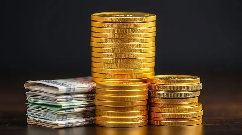 A photorealistic image of a single, large, disproportionate stack of gold coins overshadowing several smaller, balanced stacks of different currency notes, symbolizing concentrated wealth versus diversified assets. Professional photography, 8K, cinematic lighting, sharp focus on the gold coins, depth of field.