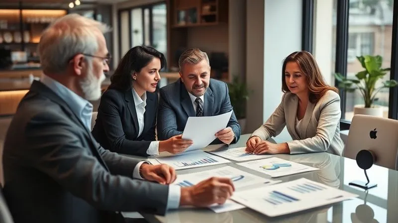 A photorealistic image of a diverse group of financial professionals (wealth advisor, tax accountant, estate lawyer) in a modern office, engaged in a collaborative discussion around a table with financial charts and documents. Professional photography, 8K, cinematic lighting, sharp focus on the group, depth of field.