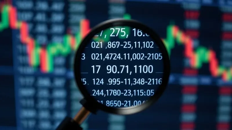 A photorealistic image of a precision magnifying glass focused on a narrow band of numbers on a digital chart, surrounded by a much wider, blurred range of fluctuating cryptocurrency prices. The focus area highlights intense activity and detail. professional photography, 8K, cinematic lighting, sharp focus, depth of field, shot on a high-end DSLR.