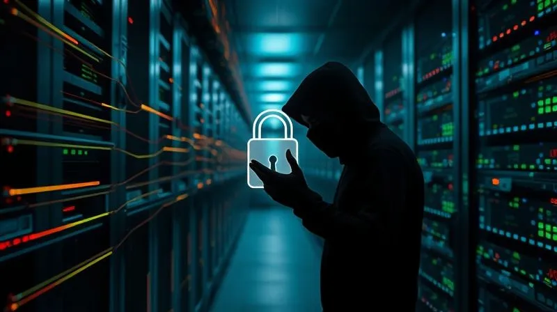 A photorealistic image of a secure data center with glowing lines of data representing network traffic, overlaid with a subtle silhouette of a malicious hacker reaching for a digital lock. Cinematic lighting, sharp focus on the security elements, depth of field blurring background servers. 8K, professional photography, shot on a high-end DSLR, conveying both complexity and vulnerability.