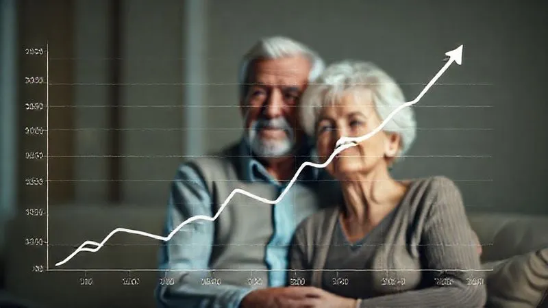 A photorealistic, professional photography, 8K, cinematic lighting, sharp focus, depth of field, shot on a high-end DSLR, depicting a financial graph with an upward-trending line representing rising long-term care costs, overlaid with a worried, yet hopeful, older couple in the background, symbolizing the financial challenge and the search for solutions. The graph should be clear and prominent.