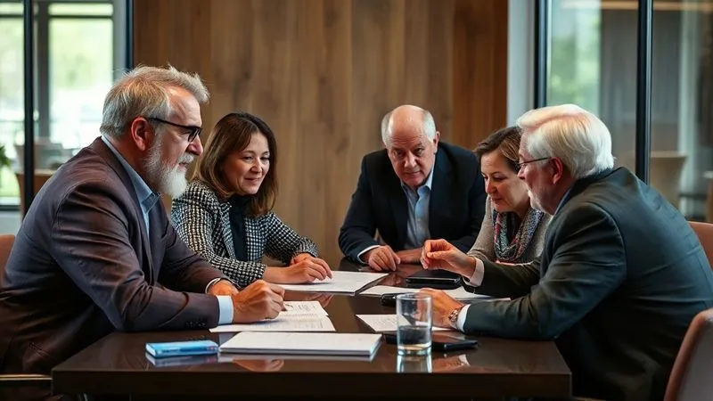 A photorealistic, professional photography, 8K, cinematic lighting, sharp focus, depth of field, shot on a high-end DSLR, depicting a diverse group of individuals, including seniors, engaged in a detailed discussion with a financial planning expert around a conference table. The scene conveys collaborative problem-solving and trusted professional guidance in complex financial matters, with a sense of clarity and understanding.