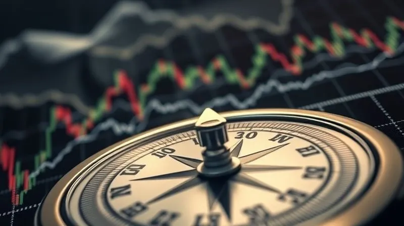 A photorealistic image of a turbulent financial market graph with sharp peaks and valleys, superimposed over a calm, steady compass needle pointing forward, symbolizing resilience amidst volatility. Cinematic lighting, sharp focus, depth of field, 8K hyper-detailed, professional photography, shot on a high-end DSLR.