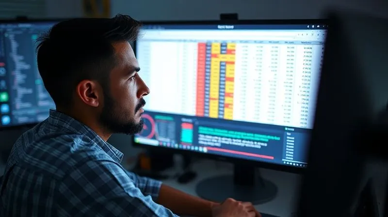 A photorealistic image of a person at a computer screen, reviewing a financial spreadsheet with columns for 'gains' and 'losses', with a focused yet calm expression. The screen displays complex but organized data. Cinematic lighting, sharp focus, depth of field, 8K hyper-detailed, professional photography, shot on a high-end DSLR.