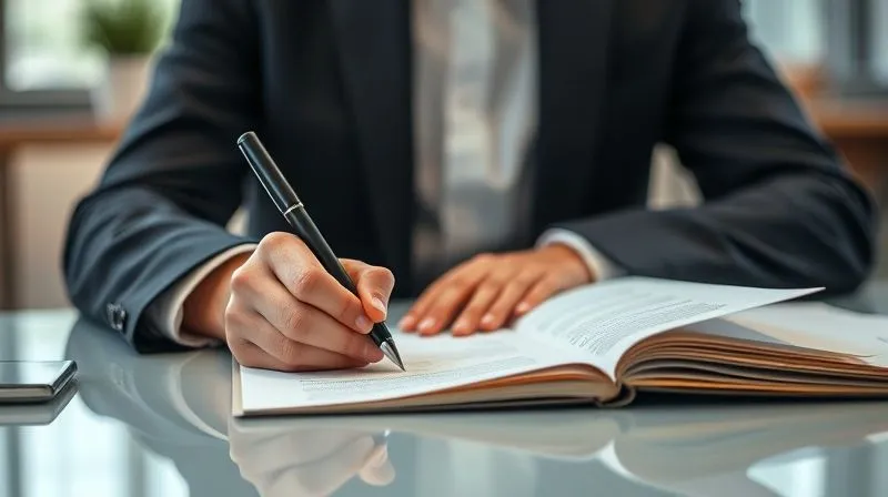 A photorealistic image of a professional, dressed in smart business attire, meticulously writing a letter at a desk. The focus is on their hands and the letter, conveying careful attention and purpose. A blurred backdrop of a calm office suggests a thoughtful environment. Professional photography, 8K, cinematic lighting, sharp focus, depth of field, shot on a high-end DSLR.