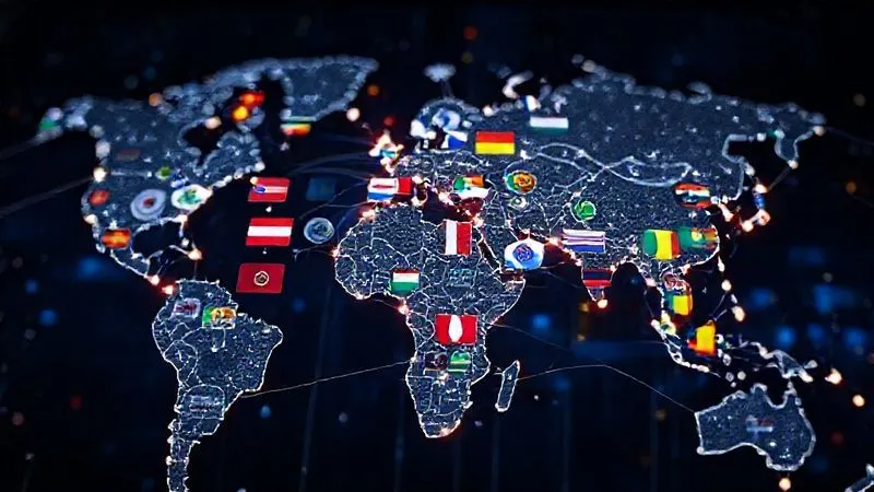photorealistic, professional photography, 8K, cinematic lighting, sharp focus, depth of field, shot on a high-end DSLR, a complex, interconnected web of regulatory agency logos and national flags, with glowing lines representing data flow and compliance challenges, set against a backdrop of a global map, illustrating global divergence in digital asset regulation.