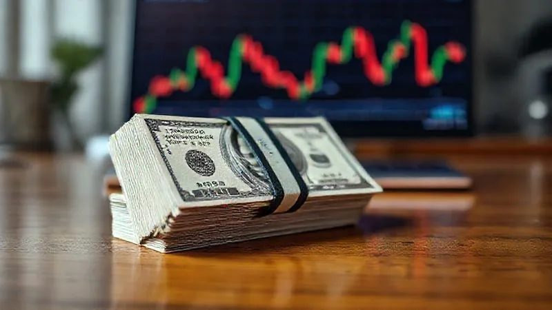 A photorealistic close-up of a stack of crisp hundred-dollar bills secured with a rubber band, implying 'Retirement Buffer', resting safely on a polished wooden table, with a blurred background of a turbulent stock market graph on a computer screen, professional photography, 8K, cinematic lighting, sharp focus, depth of field.