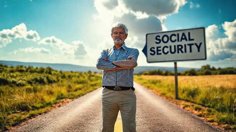 A photorealistic image of a confident, silver-haired individual standing at a crossroads, one path leading to a turbulent, stormy financial market, the other to a calm, sunny landscape, with a large, strong 'Social Security' sign pointing towards the calm path, implying a strategic decision to delay benefits, professional photography, 8K, cinematic lighting, sharp focus, depth of field.
