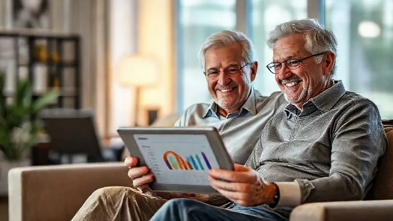 A photorealistic image of a couple in their late 60s, smiling and relaxed, sitting comfortably in a modern, well-lit home office, reviewing a tablet displaying a balanced financial portfolio, with a financial advisor (blurred in the background) smiling reassuringly, emphasizing diligent monitoring and professional guidance, professional photography, 8K, cinematic lighting, sharp focus, depth of field.