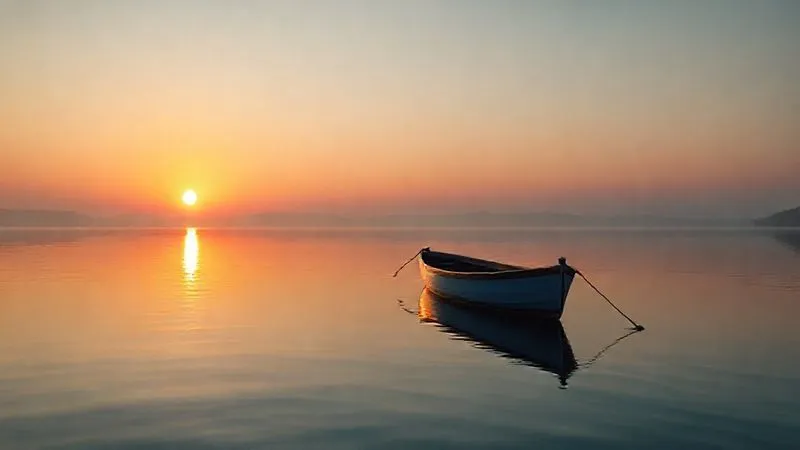 A photorealistic image of a calm, serene lake reflecting a sunrise, with a sturdy, anchored boat gently floating, symbolizing a secure and peaceful retirement amidst the potential turbulence of financial markets, professional photography, 8K, cinematic lighting, sharp focus on the boat, depth of field blurring the distant shore, evoking hope and stability.