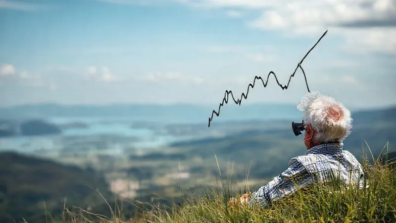 A photorealistic, professional photography image depicting a jagged, downward-trending line graph representing market volatility, superimposed over a serene landscape of an early retiree enjoying leisure. The graph is subtly threatening, with dramatic cinematic lighting, 8K, sharp focus, depth of field, shot on a high-end DSLR.