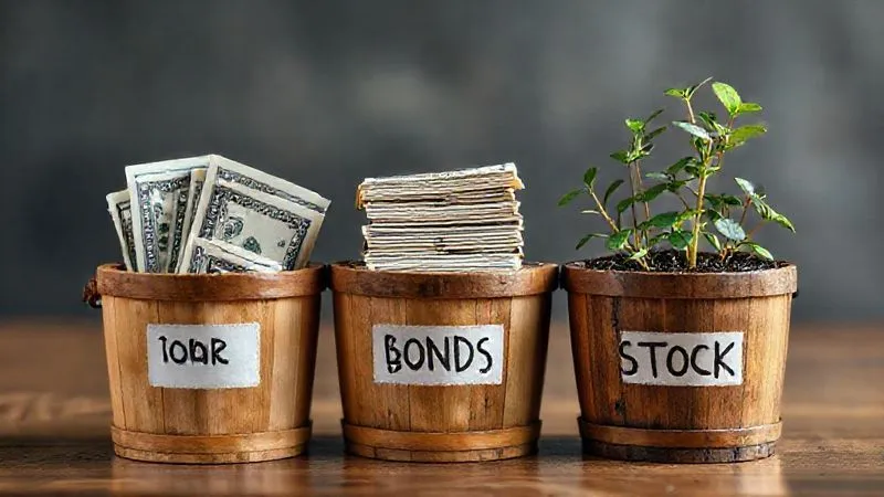 A photorealistic image of three distinct, labeled wooden buckets, decreasing in size from left to right, each filled with different symbolic contents: the first bucket with crisp dollar bills, the second with neatly stacked bonds, and the third with miniature growing plants representing stocks. Professional photography, 8K, cinematic lighting, sharp focus on the buckets, depth of field blurring the background, shot on a high-end DSLR.
