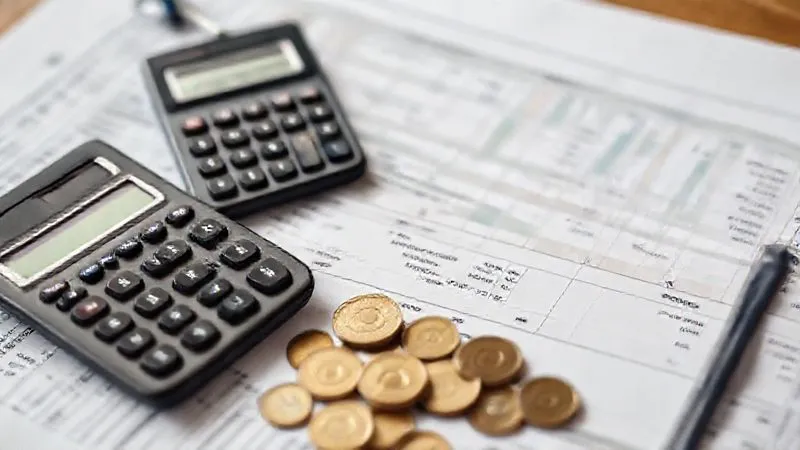 A photorealistic image of a financial ledger or spreadsheet with medical bills and pharmaceutical costs prominently displayed, alongside a calculator and coins, illustrating the financial burden of healthcare in retirement. Professional photography, 8K, cinematic lighting, sharp focus on the documents, depth of field blurring the background, shot on a high-end DSLR, emotionally resonant.