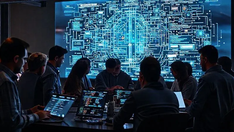 A photorealistic, professional photography, 8K, cinematic lighting, sharp focus, depth of field, shot on a high-end DSLR. A diverse group of cybersecurity experts, some with laptops showing lines of code, others in discussion, gathered around a large transparent digital display showing complex smart contract architecture with security overlays. The atmosphere is collaborative and focused, with a sense of shared vigilance against digital threats.