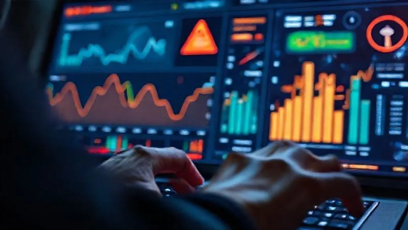 A photorealistic, professional photography, 8K, cinematic lighting, sharp focus, depth of field, shot on a high-end DSLR. A futuristic digital dashboard displaying real-time blockchain analytics with glowing graphs, transaction alerts, and a prominent red warning icon indicating suspicious activity. The screen is seen from a user's perspective, with hands slightly blurred in the foreground typing on a keyboard, conveying immediate action and vigilance.
