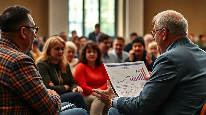 A photorealistic image of a diverse group of citizens engaged in a town hall meeting, listening attentively to a leader who is presenting complex economic charts with clarity and sincerity. The atmosphere is one of shared understanding and collaborative problem-solving. Professional photography, 8K, cinematic lighting, sharp focus, depth of field, shot on a high-end DSLR.
