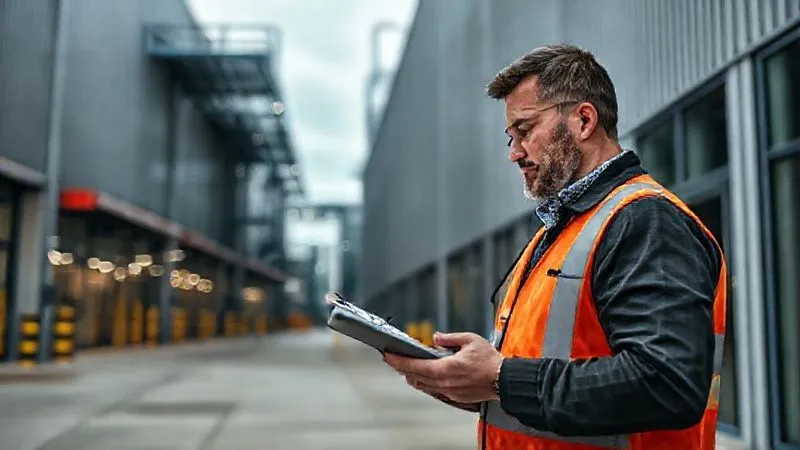 photorealistic, professional photography, 8K, cinematic lighting, sharp focus, depth of field, shot on a high-end DSLR. A commercial property manager, with a tablet in hand, meticulously inspecting the exterior of a modern industrial building, checking off items on a digital checklist. The scene conveys diligence and proactive risk assessment.
