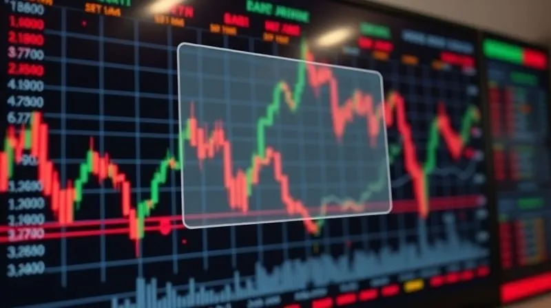 A photorealistic, professional photograph of a financial dashboard displaying volatile market charts with sharp downward spikes, an overlay of a digital shield protecting a portion of the screen, cinematic lighting, sharp focus on the protected area, depth of field blurring the chaotic background, 8K hyper-detailed, shot on a high-end DSLR.