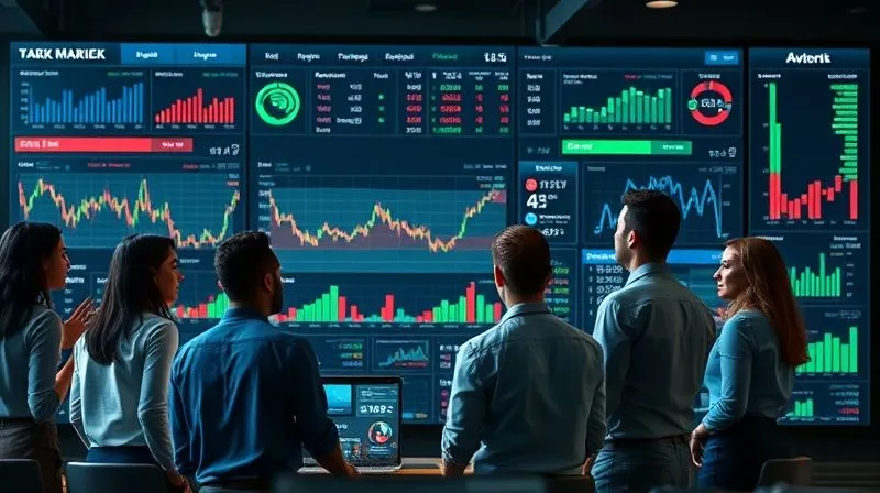 A photorealistic image of a diverse team of financial professionals collaborating around a large, interactive digital dashboard displaying real-time market data, risk metrics, and portfolio performance. The dashboard shows various graphs, charts, and alerts, indicating areas of potential tail risk. The team is engaged in discussion, symbolizing continuous monitoring and adaptive strategy. Cinematic lighting, sharp focus on the dashboard and team, depth of field blurring the background, 8K hyper-detailed.