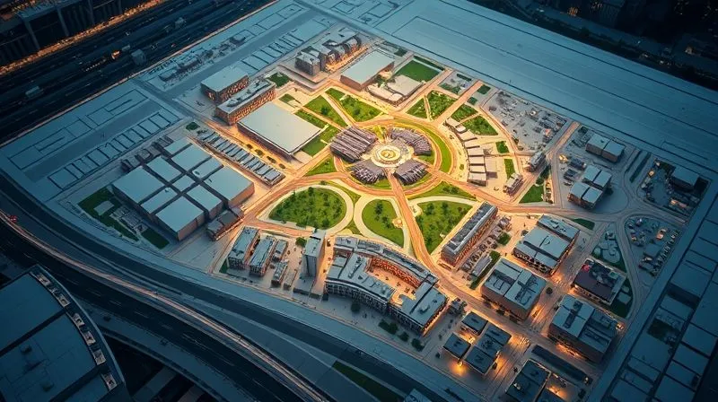 A photorealistic, professional photography, 8K, cinematic lighting, sharp focus, depth of field, shot on a high-end DSLR, showing a master plan for a multi-phase development project, with different sections highlighted in varying shades, indicating alternative design scenarios or phased implementation. The image should convey adaptability and strategic foresight in urban planning.