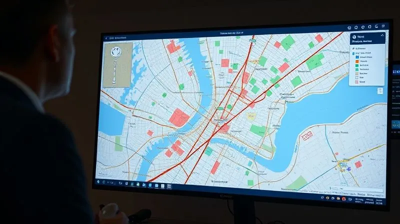 A photorealistic, professional photography, 8K, cinematic lighting, sharp focus, depth of field, shot on a high-end DSLR, of a complex GIS map displayed on a large monitor, showing various data layers like population density, infrastructure, environmental zones, and historical zoning changes, with predictive analytics overlays highlighting areas of potential future re-zoning. The image should convey sophisticated data analysis and foresight.