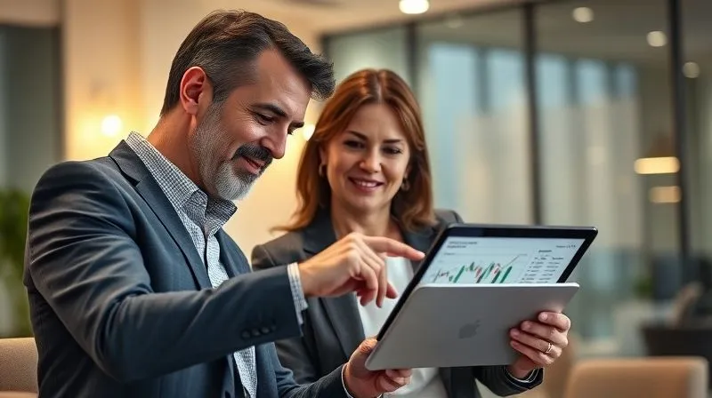 A photorealistic, professional photography, 8K image of a financial advisor and a client (representing a professional) in a modern, well-lit office, reviewing digital asset reports on a tablet. The advisor points to a complex chart, and the client looks relieved and understanding. Cinematic lighting, sharp focus on their faces and the tablet, depth of field blurring the background. Conveys trust, expertise, and guidance.