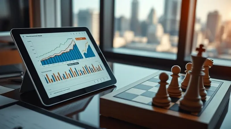 A photorealistic, professional photography, 8K image of a sophisticated financial planner's desk, with a digital tablet displaying charts of long-term investment growth and tax projections, alongside a physical chess board with pieces strategically positioned. Cinematic lighting, sharp focus on the digital and physical elements, depth of field blurring a window view of a city skyline. Conveys strategic foresight and long-term financial planning.