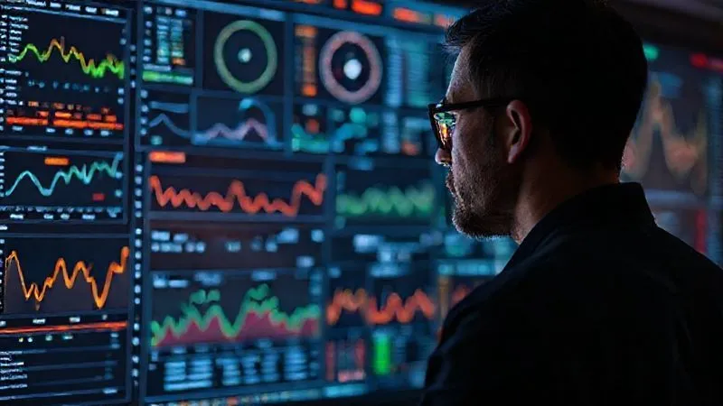 A photorealistic, professional image depicting a complex data visualization dashboard with various charts and graphs displaying real-time network traffic and user behavior patterns, highlighting a subtle, glowing anomaly or deviation. The foreground features a cybersecurity analyst intently observing the screen. Professional photography, 8K, cinematic lighting, sharp focus on the dashboard and analyst, depth of field blurring the background, shot on a high-end DSLR, conveying vigilance and data analysis.