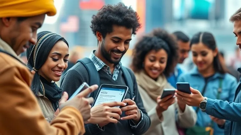 A photorealistic image of a diverse group of people from different countries interacting with various digital interfaces (smartphones, tablets, smartwatches) that seamlessly display financial information in an easily understandable format. The interfaces show clear pricing, simple terms, and prominent consent buttons. The background features a blurred, vibrant global city. Professional photography, 8K, cinematic lighting, sharp focus, depth of field, shot on a high-end DSLR.