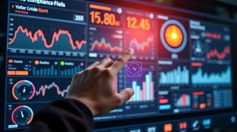 A photorealistic, futuristic dashboard displaying complex compliance metrics in an intuitive, visually engaging way. Glowing graphs, real-time data feeds, and alert notifications are visible on multiple screens, all integrated into a sleek, minimalist control center. A human hand is subtly interacting with a holographic interface. Cinematic lighting, 8K, sharp focus, depth of field, professional photography, shot on a high-end DSLR.