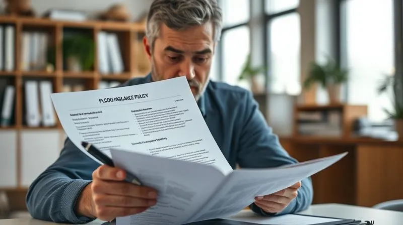Photorealistic, professional photography, 8K, cinematic lighting, sharp focus, depth of field, shot on a high-end DSLR of a business owner intently reviewing a complex flood insurance policy document, with highlighted sections and notes, a pen resting on the page, in a well-lit, organized office setting.
