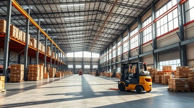 Photorealistic, professional photography, 8K, cinematic lighting, sharp focus, depth of field, shot on a high-end DSLR of a modern, bustling logistics warehouse, fully restored and operational, with forklifts moving pallets, sunlight streaming through large windows, symbolizing successful recovery and resilience after a disaster.