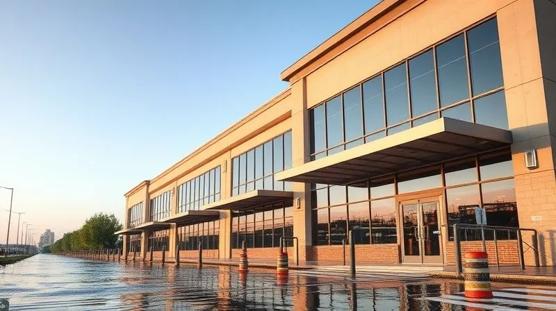 Photorealistic, professional photography, 8K, cinematic lighting, sharp focus, depth of field, shot on a high-end DSLR of a modern commercial building with visible flood mitigation features like elevated entrances and flood barriers, against a backdrop of a clear sky, symbolizing preparedness and resilience.