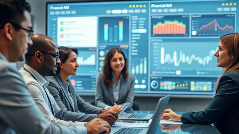 A photorealistic image of a diverse team of financial aid professionals gathered around a large digital dashboard displaying real-time regulatory updates and alerts, with a sense of focused collaboration and diligence. Cinematic lighting, sharp focus on the dashboard, depth of field blurring the background. 8K hyper-detailed, professional photography, shot on a high-end DSLR.