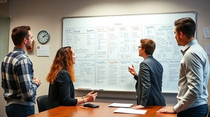A photorealistic image of a diverse group of university administrators – representing financial aid, IT, registrar, and admissions – collaborating around a whiteboard filled with flowcharts and timelines, demonstrating cross-departmental planning for regulatory changes. The atmosphere is professional and proactive, with cinematic lighting highlighting their focused discussion. 8K hyper-detailed, professional photography, shot on a high-end DSLR.