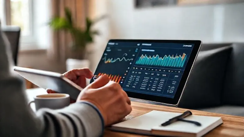 Photorealistic, professional photography, 8K, cinematic lighting, sharp focus, depth of field, shot on a high-end DSLR, a person meticulously monitoring their bank account on a tablet, a financial dashboard with clear, positive indicators, a cup of coffee and a notebook beside them, in a modern, well-lit home office setting.