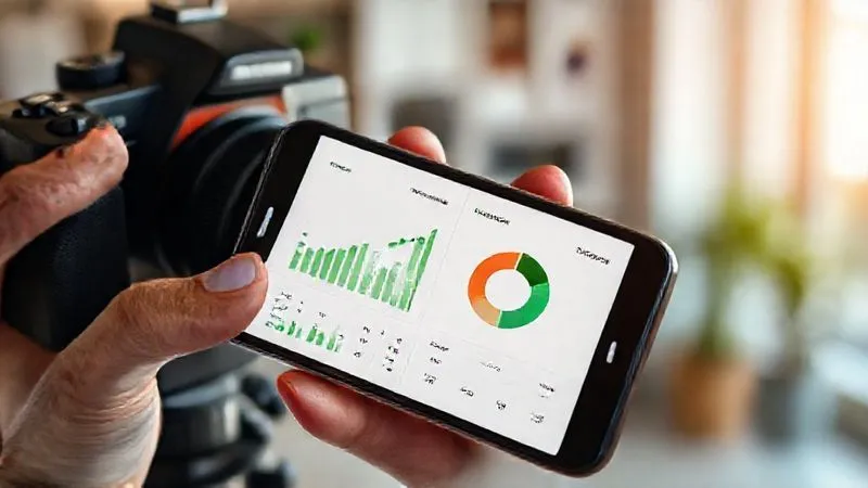 Photorealistic, professional photography, 8K, cinematic lighting, sharp focus, depth of field, shot on a high-end DSLR, a smartphone screen displaying a sophisticated budgeting app interface with green positive graphs, a pie chart of expenses, and a clear account balance, held in a person's hand against a softly blurred background of a modern office or home.