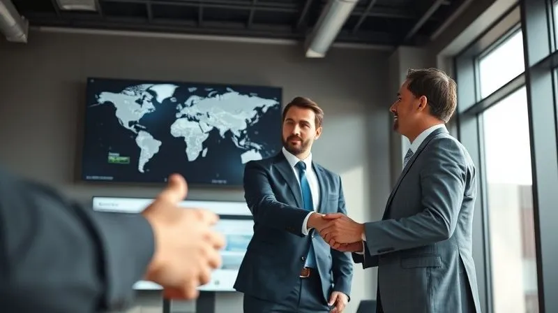 photorealistic, professional photography, 8K, cinematic lighting, sharp focus, depth of field, shot on a high-end DSLR, two business professionals in a modern, well-lit office, one pointing at a large digital map displayed on a screen, the other listening intently, a handshake gesture in the foreground, conveying collaboration and strategic discussion.