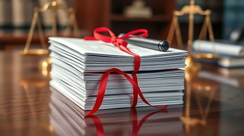 photorealistic, professional photography, 8K, cinematic lighting, sharp focus, depth of field, shot on a high-end DSLR, a stack of legal documents tied with a red ribbon, resting on a polished wooden desk with a subtle reflection, a blurred out-of-focus scale of justice in the background, conveying legal proceedings and justice.