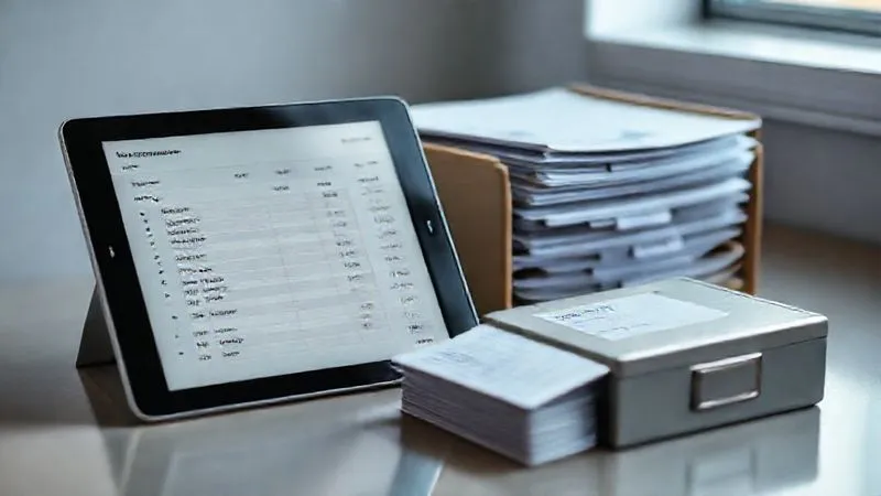 Photorealistic image of a perfectly organized digital and physical record-keeping system. On one side, a sleek tablet displays an expense tracking app with categorized entries and attached digital receipts. On the other, a neat stack of physical folders, clearly labeled, sits next to a small, secure fireproof box. Cinematic lighting, sharp focus on the organization, depth of field. Professional photography, 8K hyper-detailed, shot on a high-end DSLR.
