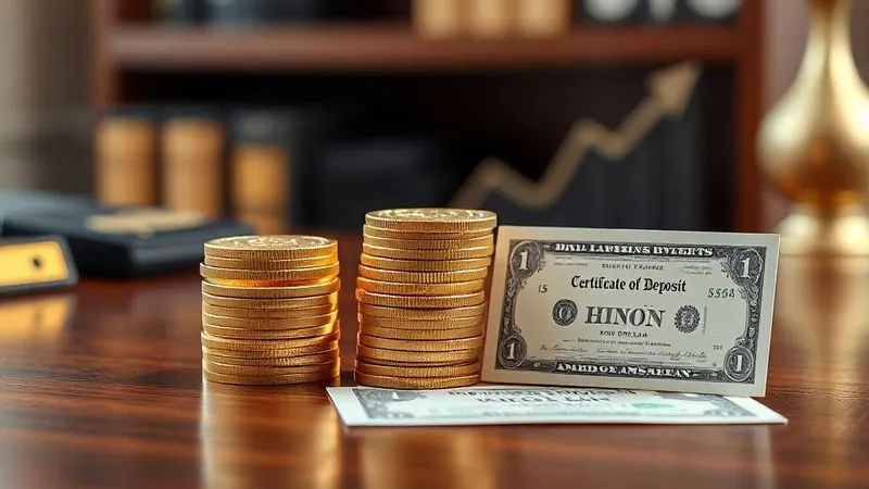 A photorealistic image of three distinct financial instruments – a pile of gold coins (representing HYSAs), a small stack of neatly bundled dollar bills (representing MMAs), and a pristine certificate of deposit (representing short-term investments) – arranged on a polished mahogany desk, with a subtle upward trend graph in the background, symbolizing diversified and growing business savings. Professional photography, 8K, cinematic lighting, sharp focus, depth of field, shot on a high-end DSLR.