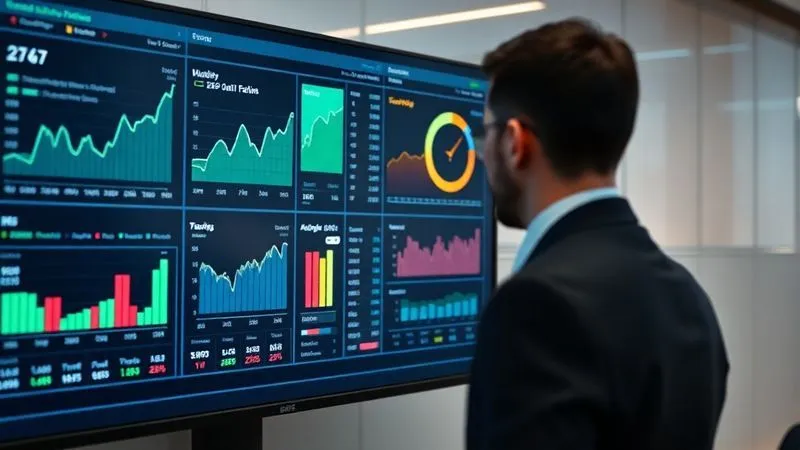 A photorealistic image showing a digital dashboard with various financial metrics: cash flow charts, liquidity ratios, and real-time bank balances, displayed on a sleek monitor. A business professional, slightly out of focus, is observing the data, symbolizing active monitoring and dynamic liquidity management. Professional photography, 8K, cinematic lighting, sharp focus, depth of field, shot on a high-end DSLR.