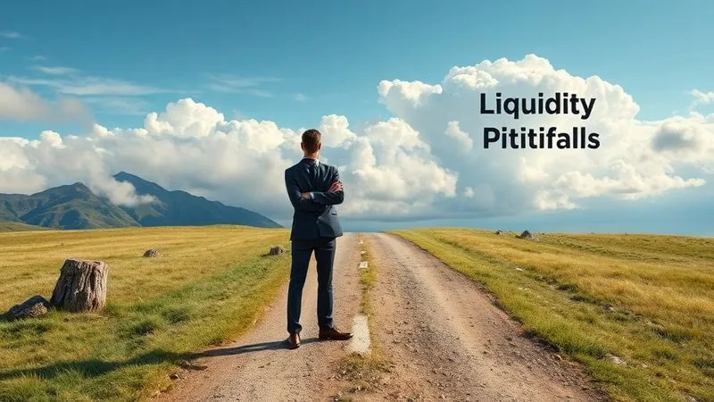 A photorealistic image of a business person standing at a crossroads, with one path clearly labeled 'Financial Stability' and the other 'Liquidity Pitfalls', which shows treacherous terrain and storm clouds. The person looks determined to choose the stable path, symbolizing wise financial decision-making and avoiding common mistakes. Professional photography, 8K, cinematic lighting, sharp focus, depth of field, shot on a high-end DSLR.